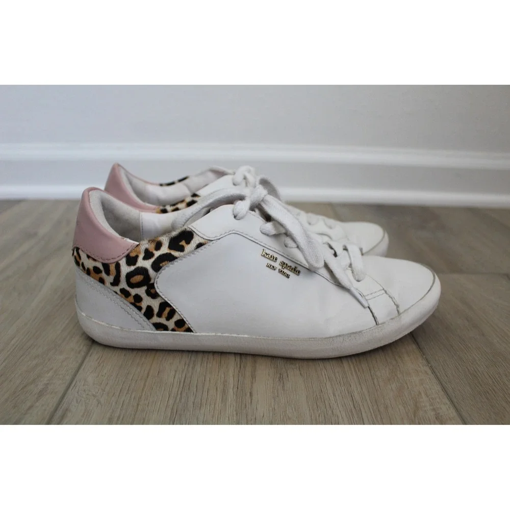 Kate Spade White Leather Leopard Calf Hair‎ Pink Trim Low Top Sneakers Size 8.5